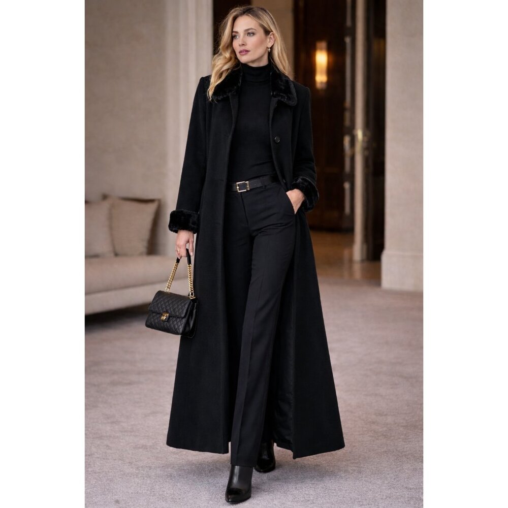 Novelti Vintage Wool Blend Long Maxi Coat Faux Fur Trim Black Size 13/14